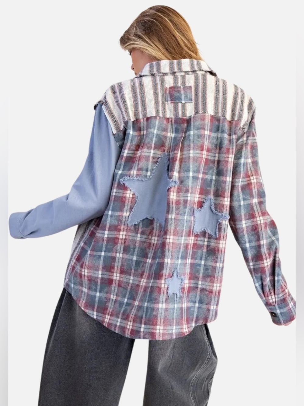 Easel Star patchwork Shacket Plaid flannel Button-Down Shirt blue white